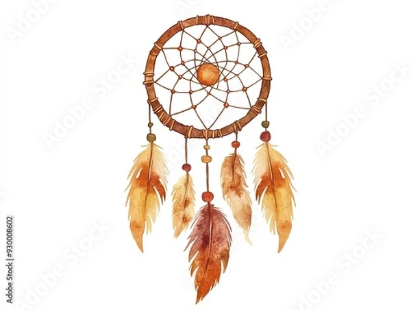Fototapeta Watercolor illustration of a dreamcatcher with feathers and pine branches.