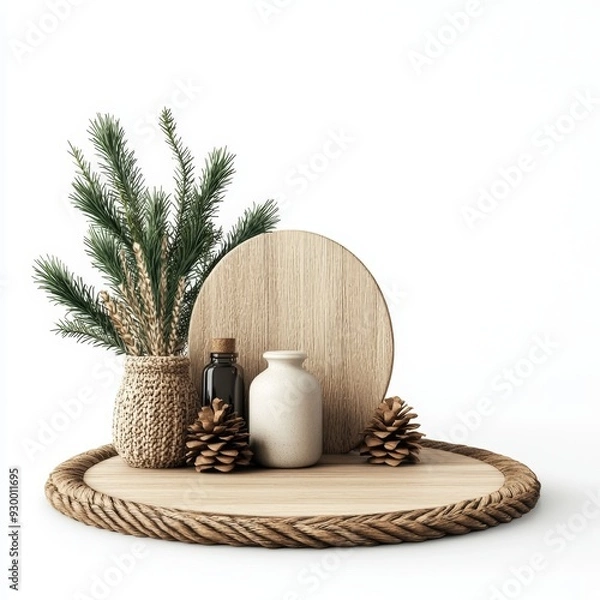 Fototapeta A rustic boho Christmas scene with macrame and natural elements, 3D illustration, isolated on white background