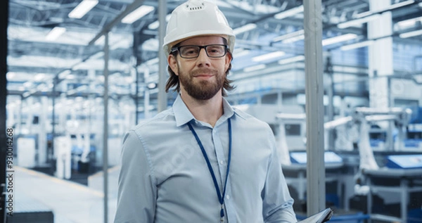 Fototapeta Young Electronics Manufacture Engineer Smiling, Looking at Camera. Portrait of a Man Wearing a Protective White Hard Hat. Specialist Monitoring Artificial Intelligence Systems at a Factory