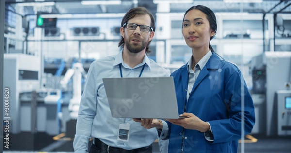 Fototapeta Industrial Engineers Working at a Technology Factory. Caucasian Man and Asian Female Using Laptop Computer and Having a Conversation. Footage with a Portrait of a Couple of Employees at a Plant