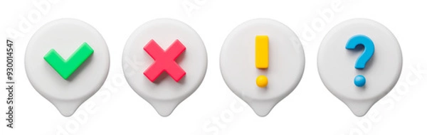 Fototapeta 3d realistic set of check icons. Vector illustration of round green tick, red cross, yellow exclamation point, blue question mark. Collection of check icons isolated on white background
