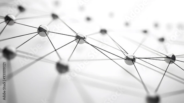 Fototapeta A sleek, geometric network design, sharp black lines connecting minimalist, silver nodes on a pure white background, the lines form precise, angular patterns, illuminated by a soft, white light that