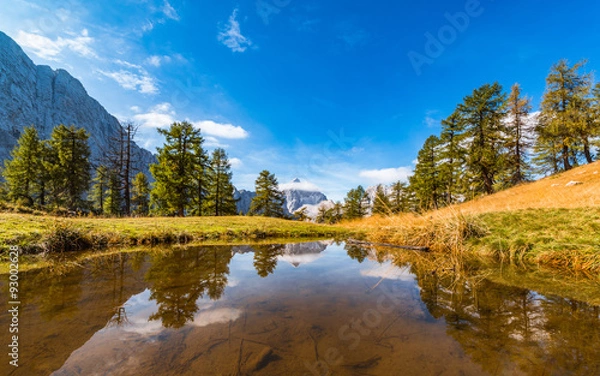 Fototapeta Beautiful mountain panorama in Julian Alps in Slovenia. This is a typical postcard from Slemenova spica with the mighty Jalovec in the backround.