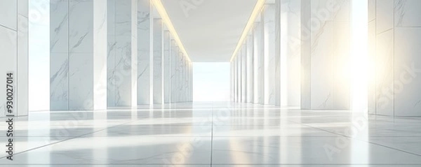 Fototapeta 何もない白い大理石の床の3Dレンダリング。柱があり、右側から光が差し込む。