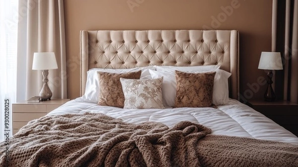 Fototapeta A cozy middle-style bed with a tufted headboard, set against a neutral-colored wall.