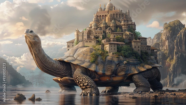 Fototapeta A magical city built on the back of a giant, wandering turtle