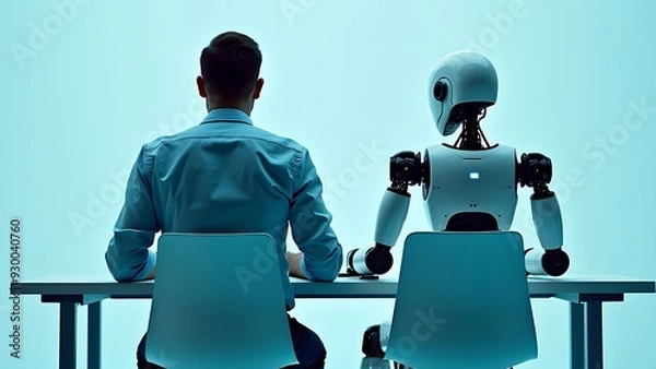 Obraz Rearview of the businessman in an elegant suit sitting in a chair next to the white robot cyborg in a studio. AI or artificial intelligence vs people, employment concept,working on a laptop