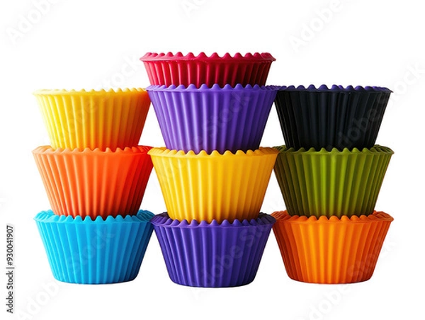 Fototapeta Colorful silicone muffin cups stacked on white background.. PNG transparent.