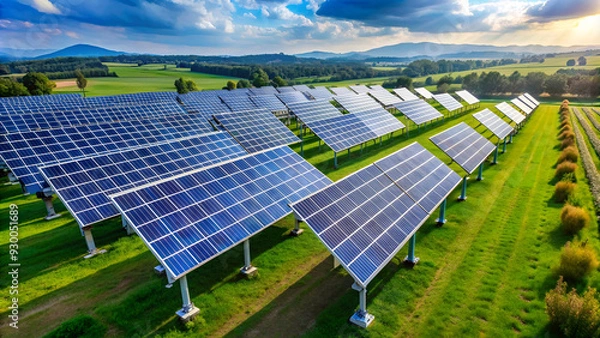 Fototapeta A field of solar panels gleams in the sunlight, symbolizing sustainable energy production.
Expansive solar farm captures the sun's energy, surrounded by a serene natural environment.