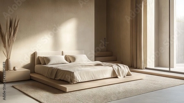 Fototapeta A minimalist bed with a neutral color palette, set in a room with minimalist furniture and