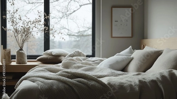 Fototapeta A Nordic-style bed with a focus on simplicity and functionality, perfect for a Scandinavian-inspired space