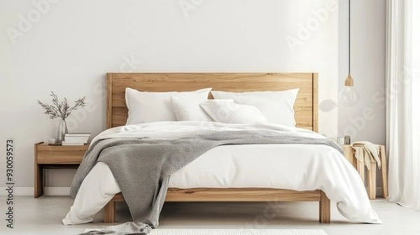Fototapeta A Nordic-style bed with a light wood frame and white linens, creating a serene and calming environment.