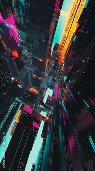 Fototapeta Imagine a vibrant and fantastical future city backdrop, mixed with elements of multiple colors. The main color of the picture is dopamine yellow, creating an atmosphere of energy and excitement.