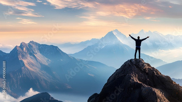 Fototapeta Conquering the Summit: A lone figure stands triumphantly atop a majestic mountain peak, arms outstretched, embracing the breathtaking panorama of snow-capped peaks and misty valleys.  The golden hour 