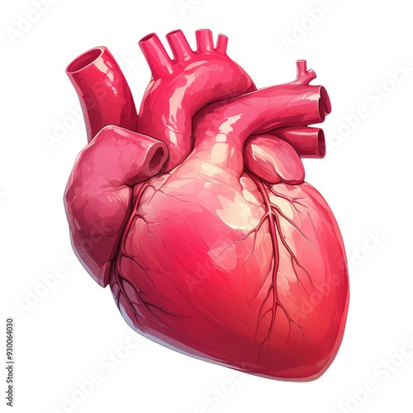 Fototapeta Colorful, detailed illustration of a human heart, showcasing its unique structure and anatomical features for educational purposes.