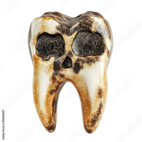 Fototapeta Close-up of a unique tooth with distinct features resembling a skull. Ideal for dental and medical illustrations.