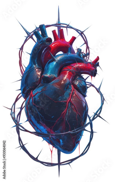 Fototapeta Colorful anatomical heart surrounded by a sharp crown, symbolizing love, vitality, and emotional strength in a striking design.