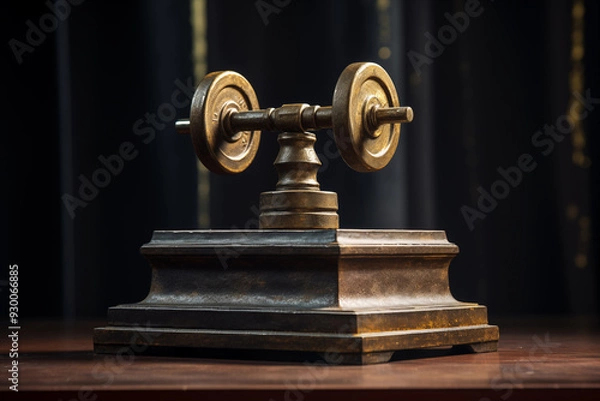 Fototapeta Dumbbell displayed on pedestal in dimly lit environment