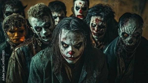 Fototapeta A group of eerie, painted figures with sinister expressions, embodying the essence of horror and macabre in a chilling atmosphere.
