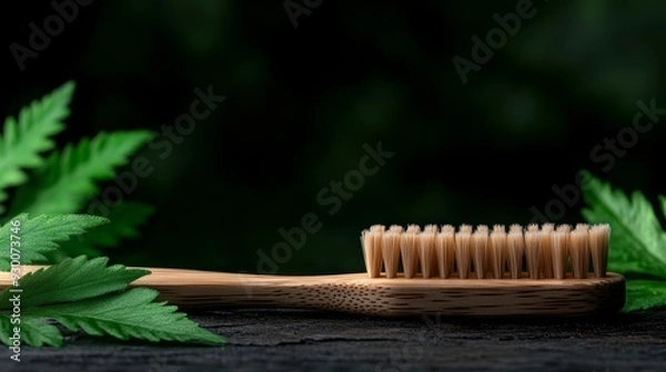 Fototapeta A natural bamboo toothbrush placed on a wooden surface, surrounded by green foliage, symbolizing eco-friendly dental care.