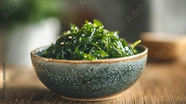 Fototapeta Delicious Seaweed Salad in Bowl on Wooden Table Close-Up