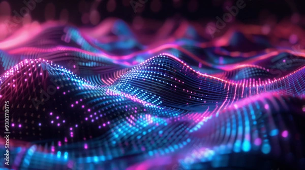 Fototapeta Abstract 3D holographic element with a pixelated, digital art style and neon accents on a black background