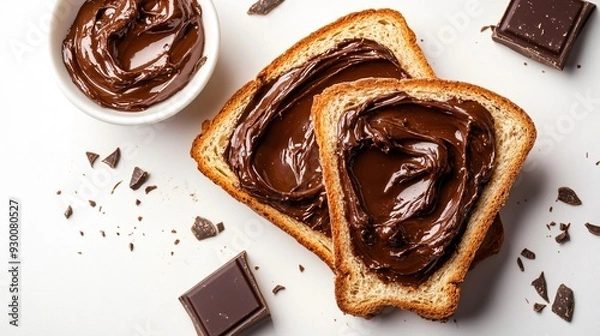 Fototapeta Delicious Toasted Bread with Decadent Chocolate Spread on Clean White Background