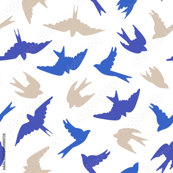 Fototapeta Seamless pattern with swallow birds in blue and beige on a white background. Vector illustration.