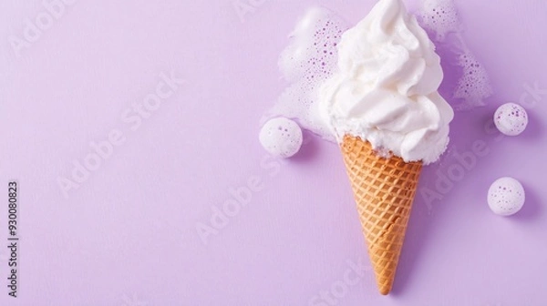 Fototapeta Top View Ice Cream Cone Shaving Foam Violet Background