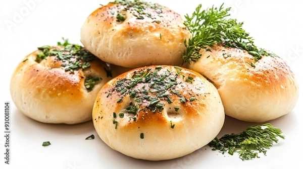 Fototapeta Delicious Traditional Pampushka Buns with Garlic and Herbs on White Background