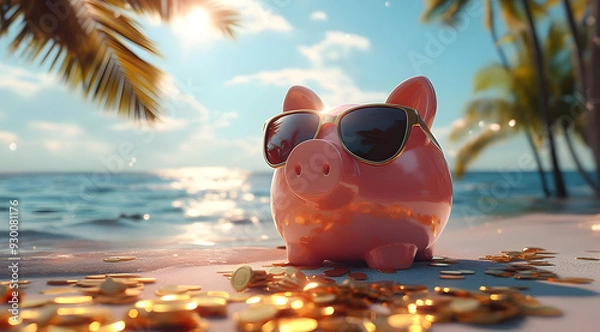Fototapeta A playful pink piggy bank wearing sunglasses, surrounded by coins on a sunny beach, symbolizing savings and financial fun.