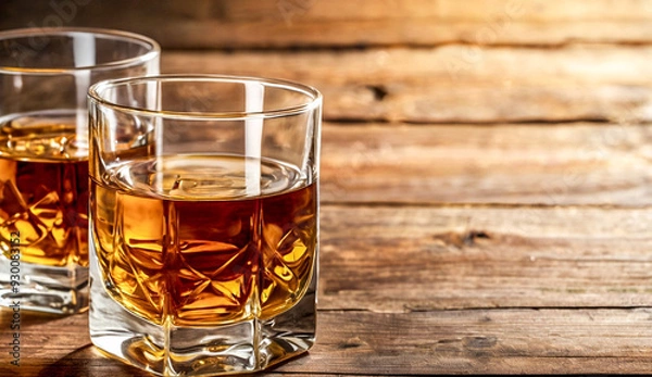 Obraz Two whiskey glasses filled with amber liquor sit on a rustic wooden table. The glasses' clear lines and the warm tones of the wood create a cozy, inviting atmosphere.