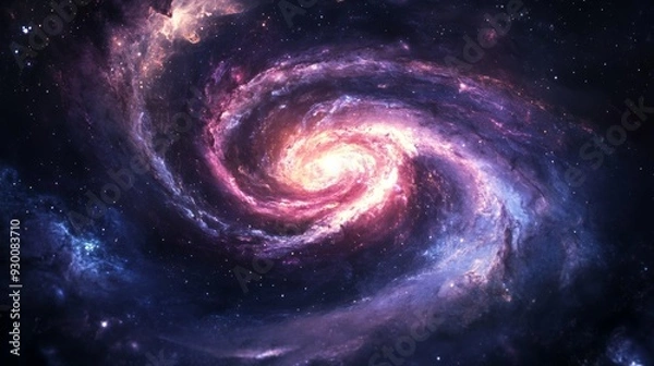 Fototapeta A beautiful spiral galaxy that radiates radiant cosmic energy against a dark starry sky. Brightly swirling nebulae add mystery and awe.