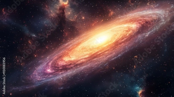 Fototapeta A large spiral galaxy interspersed with glowing nebulae and tiny cosmic dust. Bright star clusters illuminate the scene as they float into deep space. The infinite size of the universe.