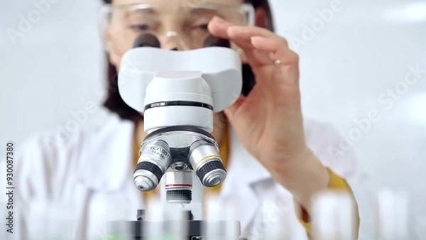 Obraz Woman scientist using microscope in laboratory. Microbiology science concept