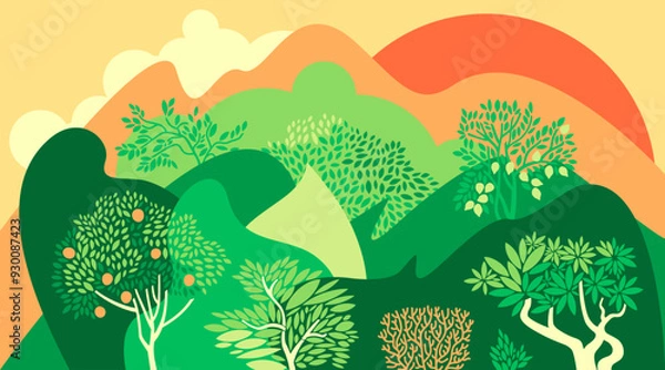 Fototapeta Apple and lemon orchard. Hilly landscape with fruit trees. Vector illustration.