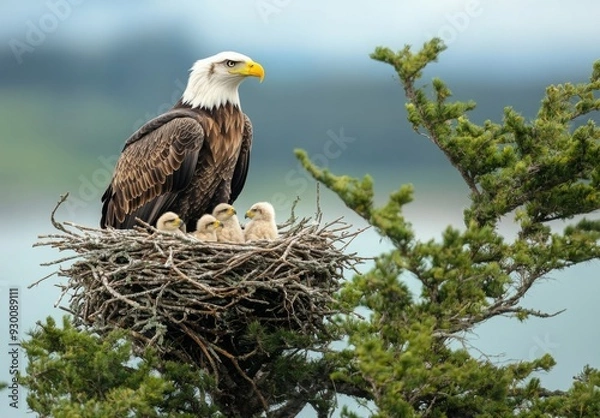 Fototapeta An eagle perched in a nest high in a tree with her chicks, symbolizing protection and high vantage points