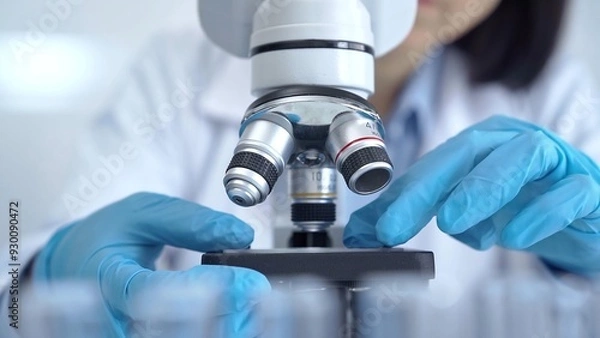 Fototapeta Scientist using microscope in laboratory. Close-up of a researcher's hands adjusting a modern microscope in a lab setting