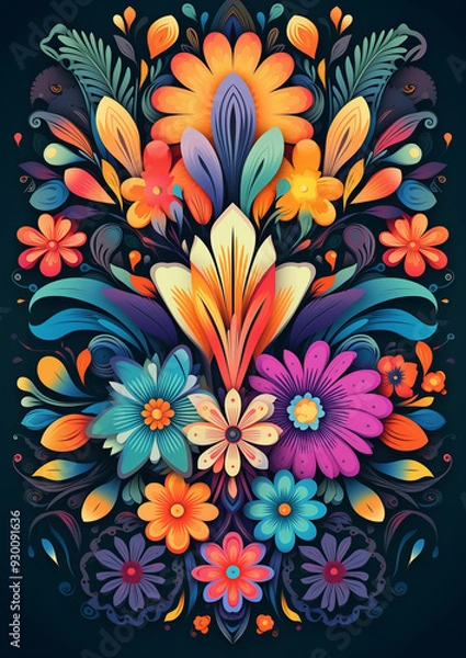 Obraz A vibrant floral pattern in multiple colors displayed on a black background