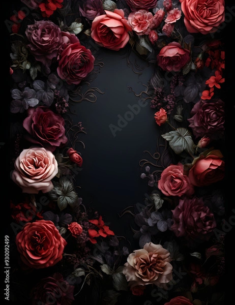 Obraz An ultra-realistic, moody floral border on a dark background. The rich, deep hues of the roses and other flowers contrast beautifully with the darkness, creating an elegant and mysterious atmosphere.