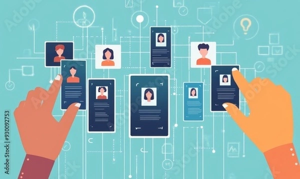 Fototapeta Digital Recruitment Revolution: AI-Powered Talent Selection in Modern HR. Abstract Visualization of Employer Choosing Candidate Resumes through Innovative App Interface. Creative Vector Design for Mar