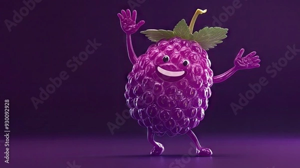 Fototapeta Smiling mulberry with arms and legs, giving a friendly wave on a dark purple background.