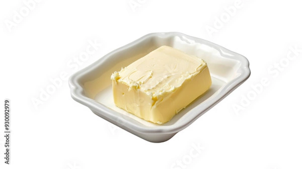 Fototapeta A block of butter sits in a white ceramic dish_Transparent background PNG