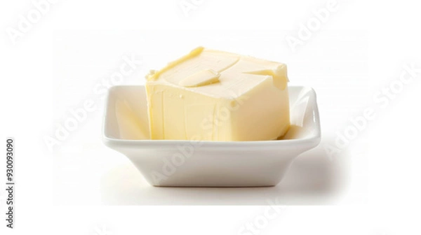 Fototapeta A block of butter sits in a white ceramic dish_Transparent background PNG