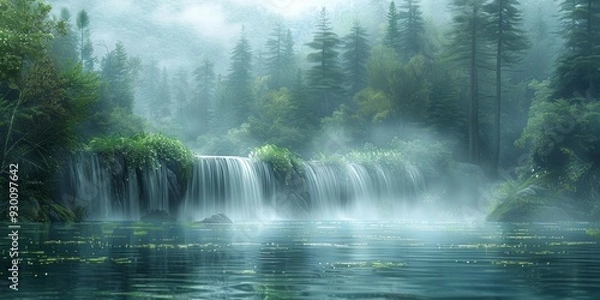 Obraz Serene Misty Forest with Waterfall