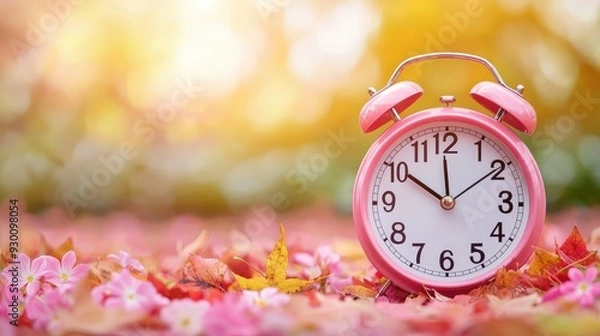 Fototapeta A charming pink alarm clock rests on colorful autumn leaves, capturing the essence of time and seasonal change in a warm glow.