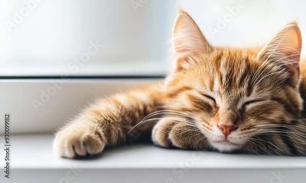 Fototapeta A cute orange cat peacefully sleeping on a windowsill, basking in soft sunlight, showcasing warmth and tranquility.