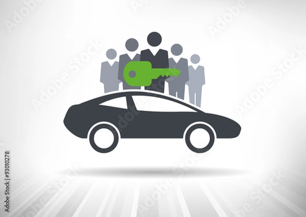 Fototapeta Car Sharing. Group of people with shared key behind car
