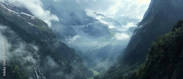Fototapeta  A bird's-eye perspective of a mountain range featuring a foreground valley and a distant one