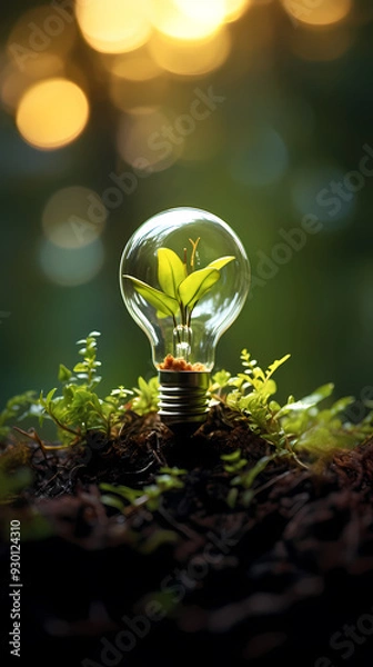 Obraz Green light bulb, sustainable development and environmental protection concept